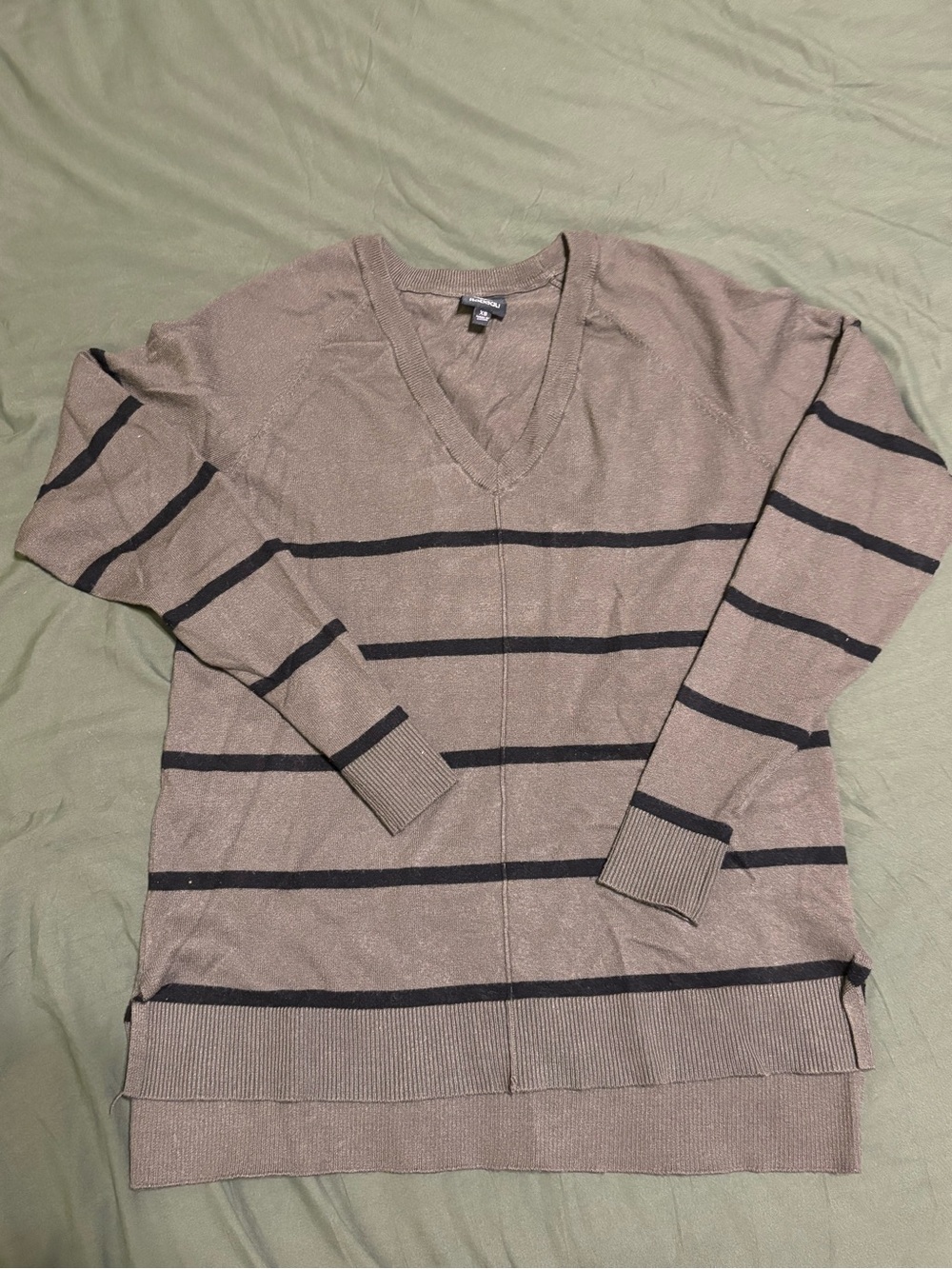 Women's V-Neck Striped Sweater - Taupe with Black Stripes